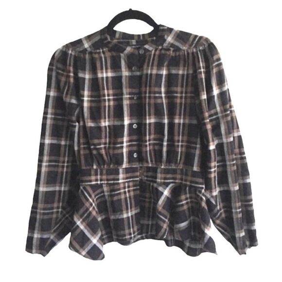 COH Margaux Plaid Button Front Peplum Blouse Brown Black S - Picture 1 of 7